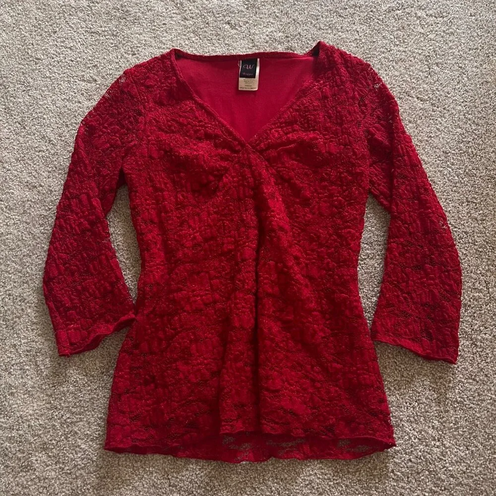 Vintage Wrapper Red Lace Babydoll Long Sleeve Italian Top size Medium - Picture 4 of 9